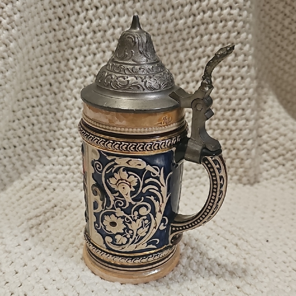 Ornate Blue and Cream Stein with Pewter Lid